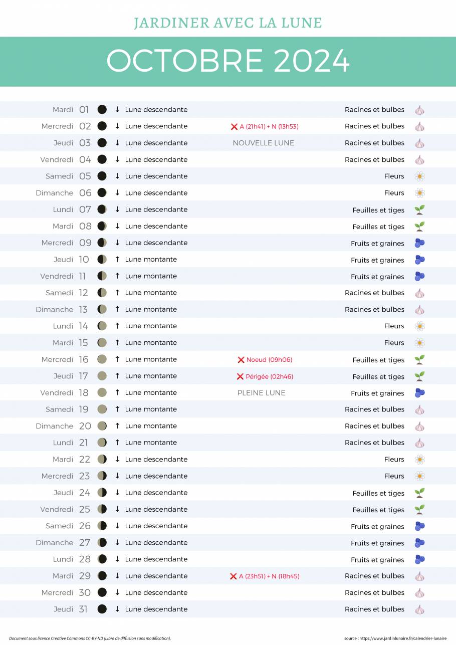 Calendrier lunaire d'octobre 2024